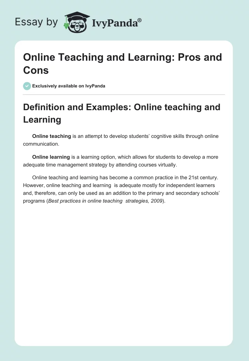 Online Teaching and Learning: Pros and Cons. Page 1