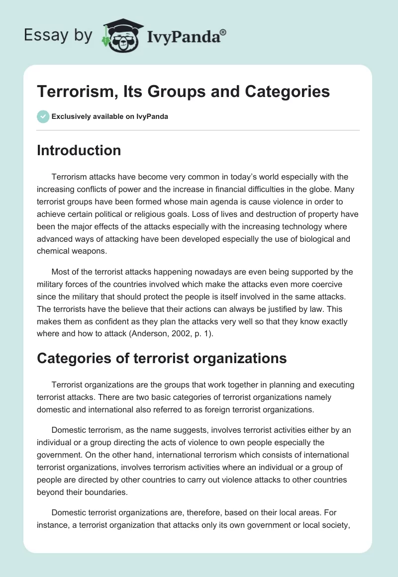 Terrorism, Its Groups and Categories. Page 1