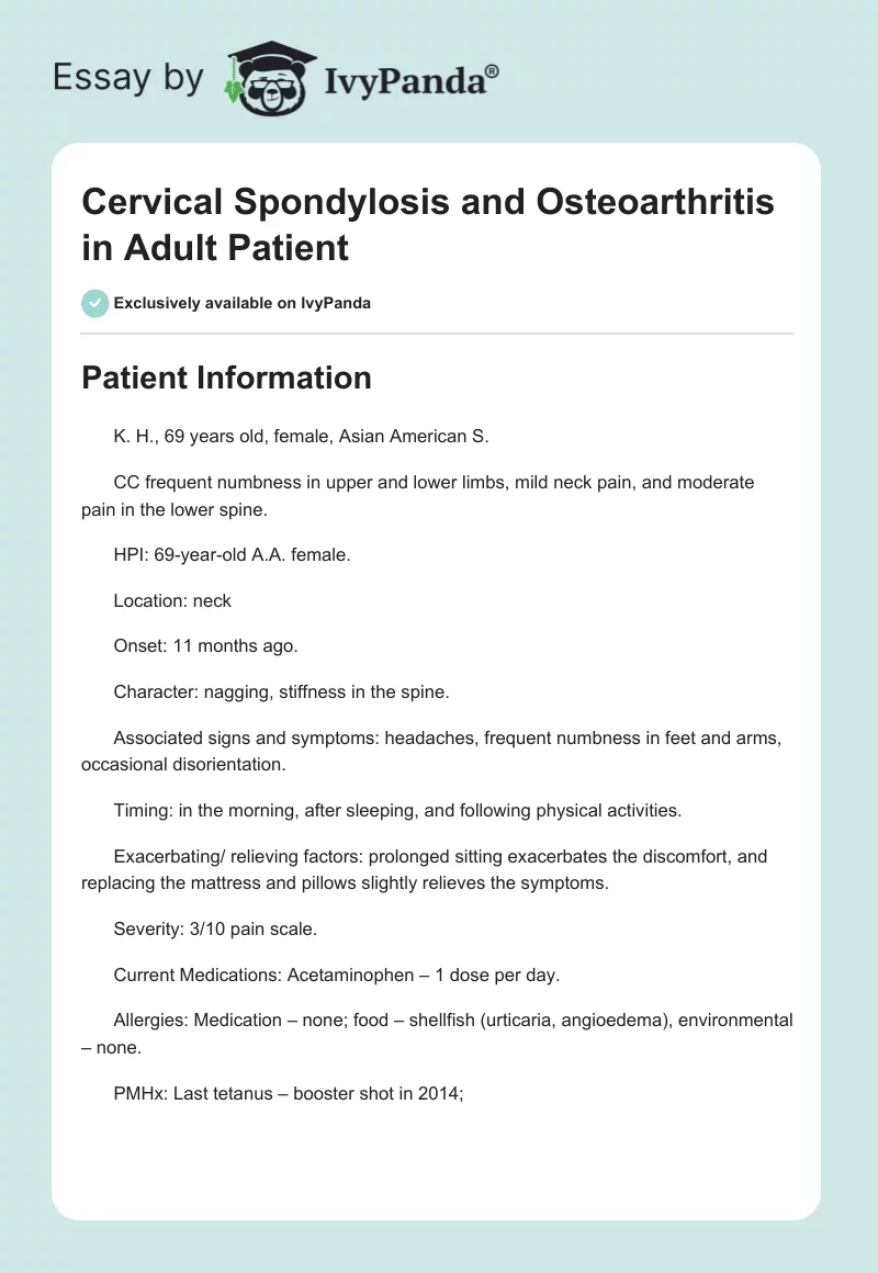 Cervical Spondylosis and Osteoarthritis in Adult Patient. Page 1