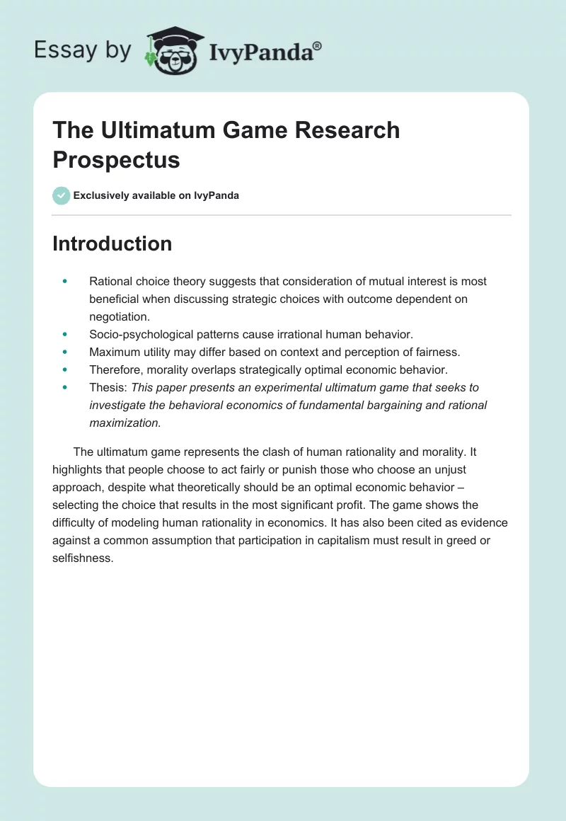 The Ultimatum Game Research Prospectus. Page 1