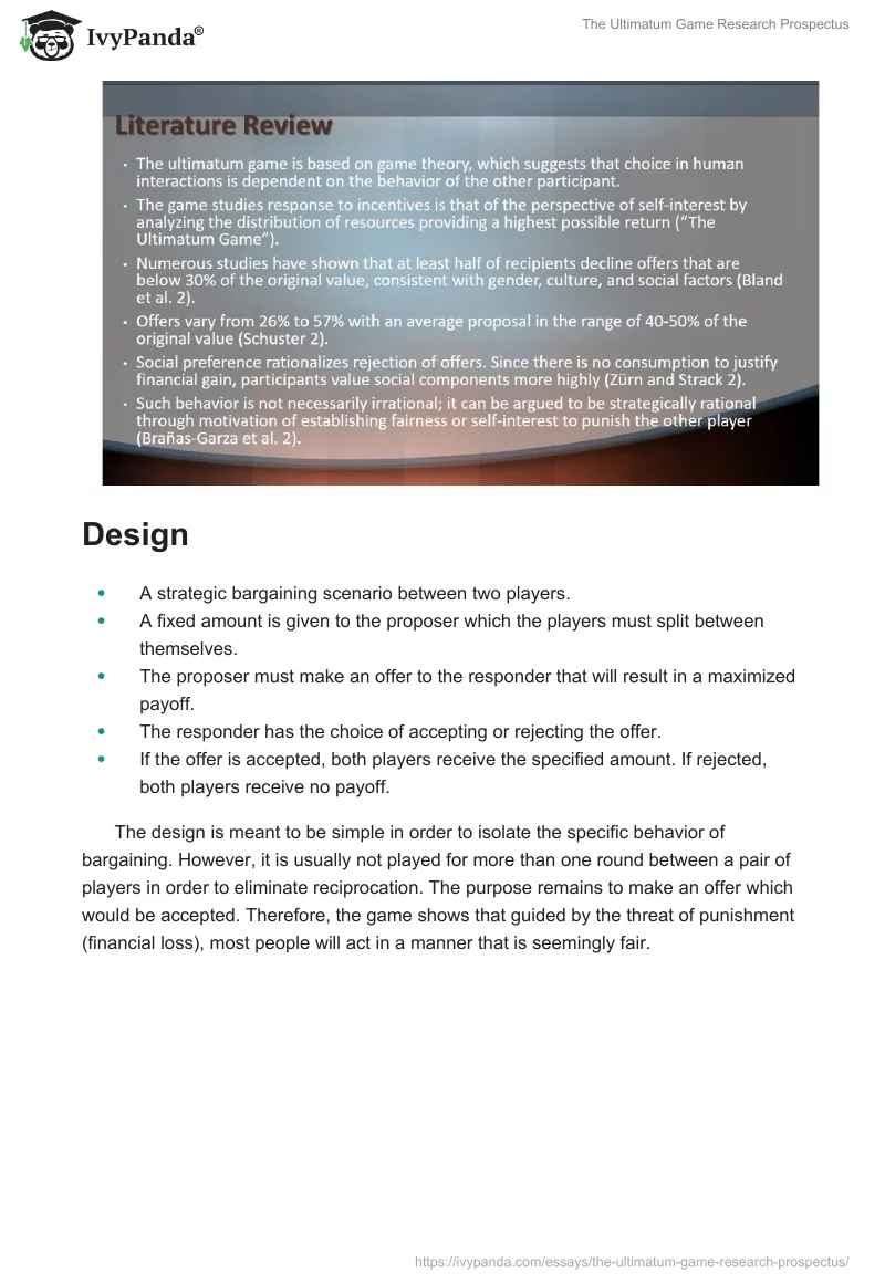 The Ultimatum Game Research Prospectus. Page 3