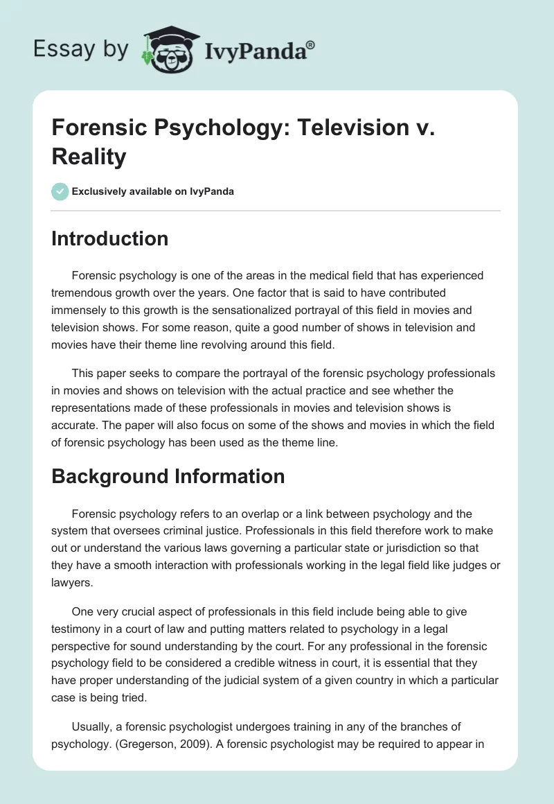 Forensic Psychology: Television v. Reality. Page 1