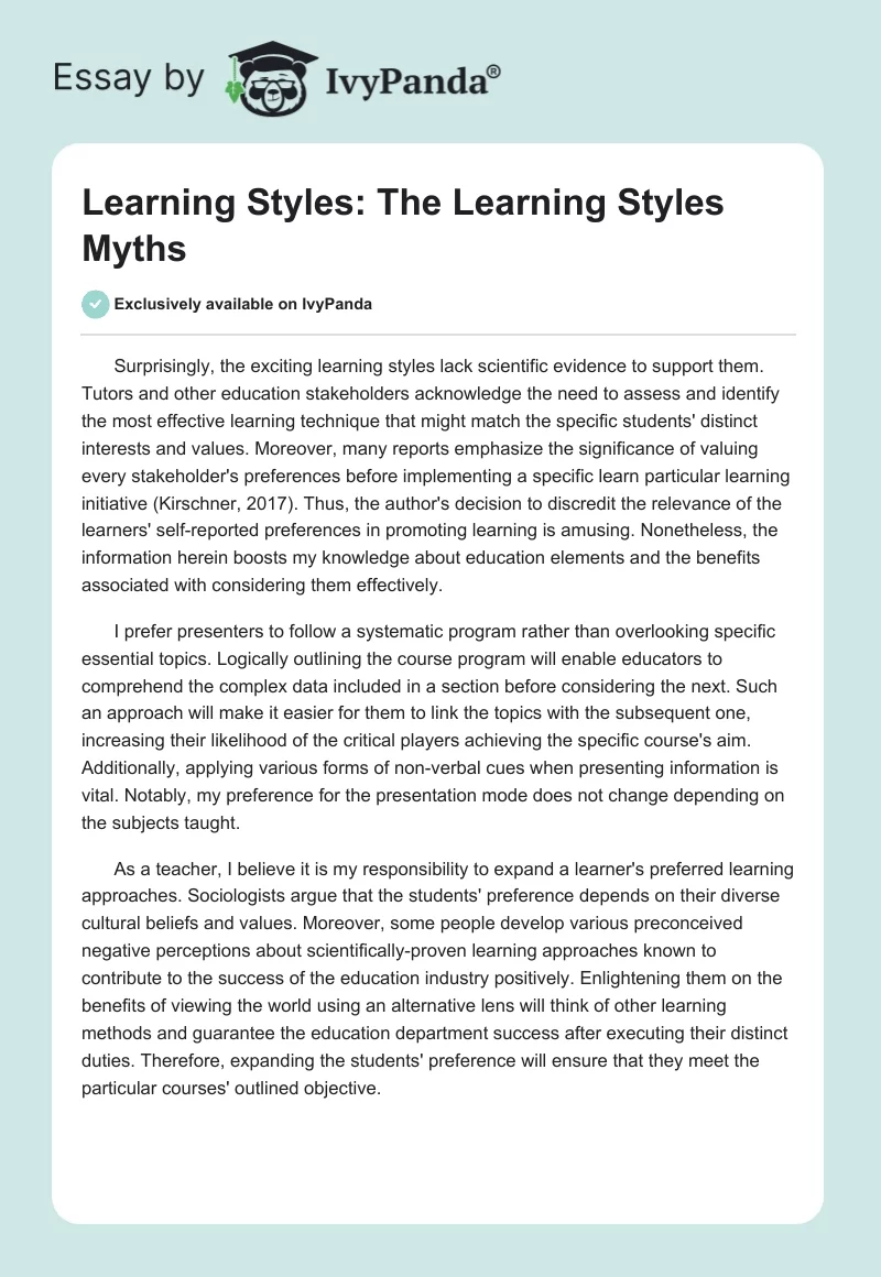 Learning Styles: The Learning Styles Myths. Page 1