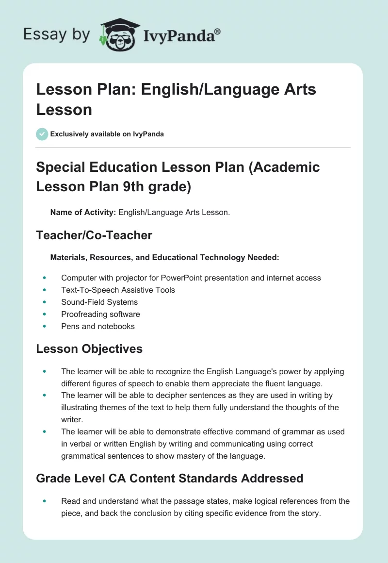 Lesson Plan: English/Language Arts Lesson. Page 1