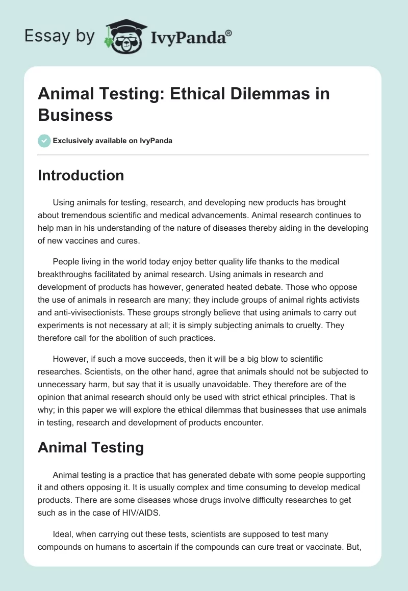 Animal Testing: Ethical Dilemmas in Business. Page 1