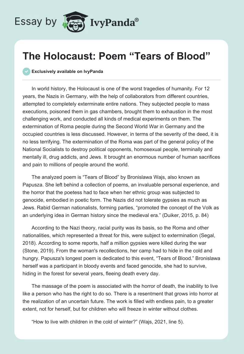 The Holocaust: Poem “Tears of Blood”. Page 1