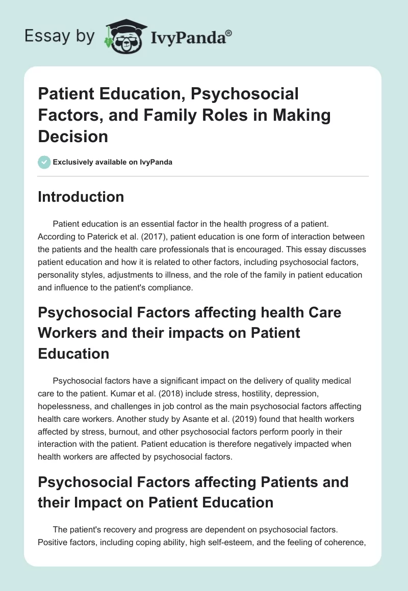 Patient Education, Psychosocial Factors, and Family Roles in Making Decision. Page 1