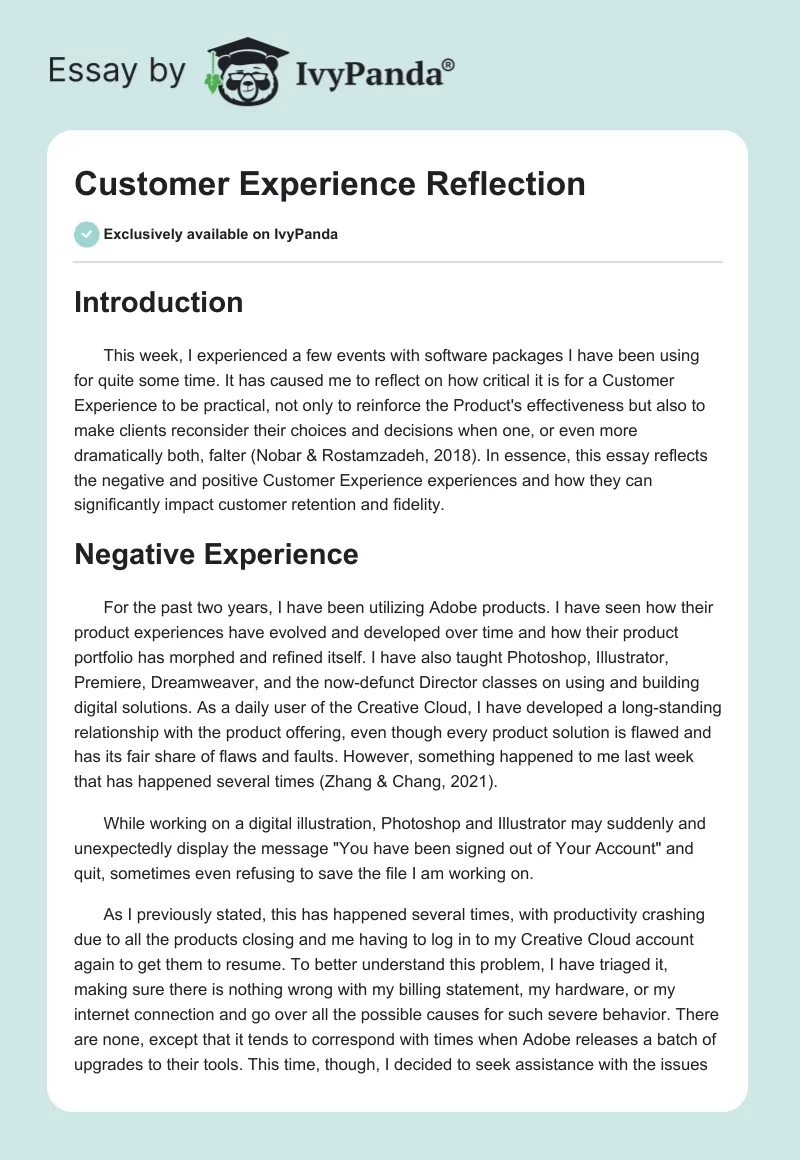 Customer Experience Reflection. Page 1