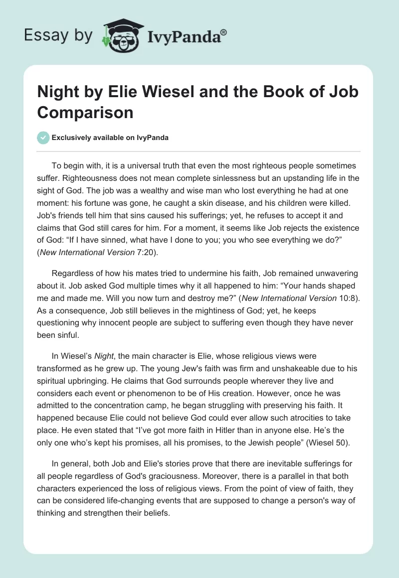 "Night" by Elie Wiesel and the Book of Job Comparison. Page 1