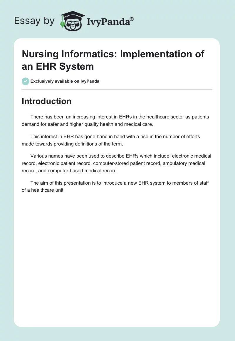Nursing Informatics: Implementation of an EHR System. Page 1