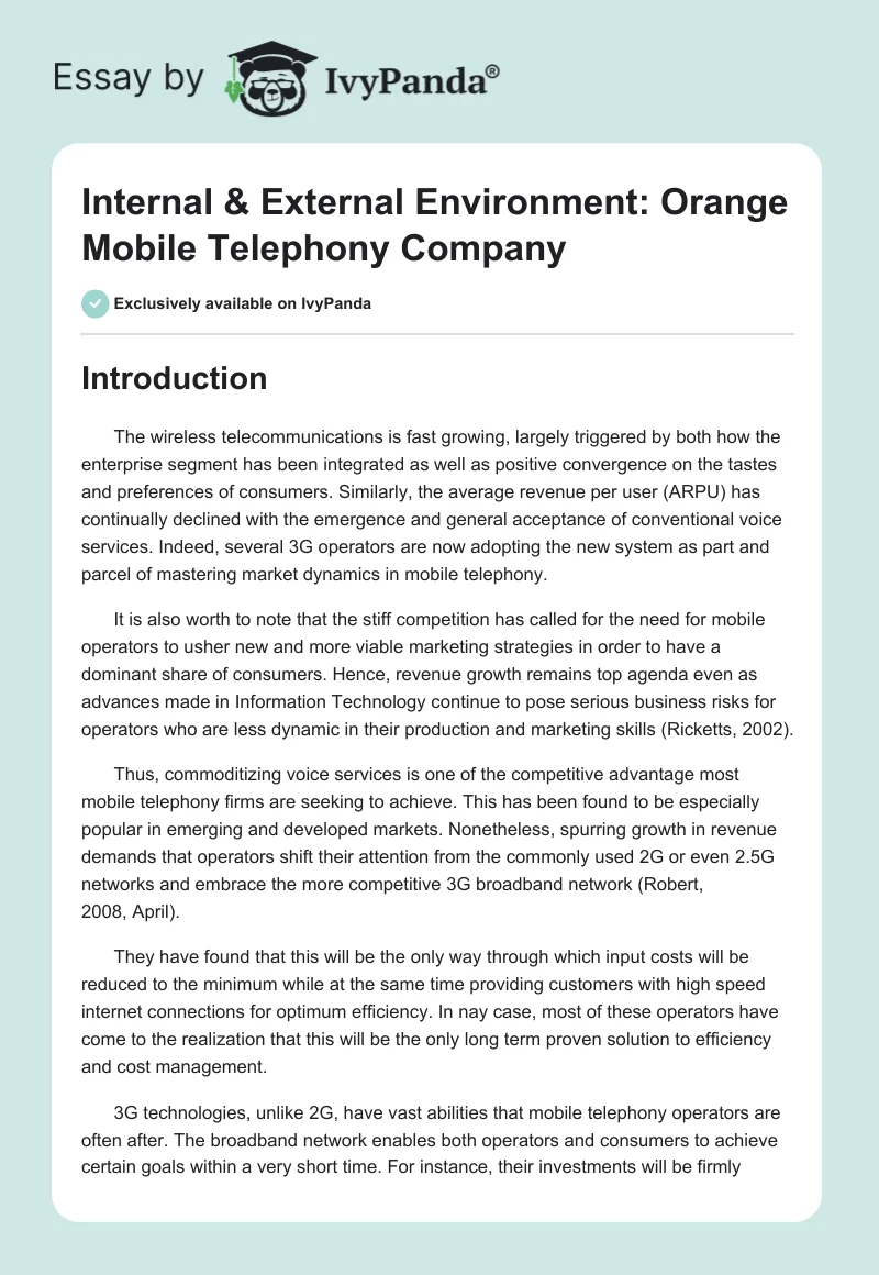 Internal & External Environment: Orange Mobile Telephony Company. Page 1