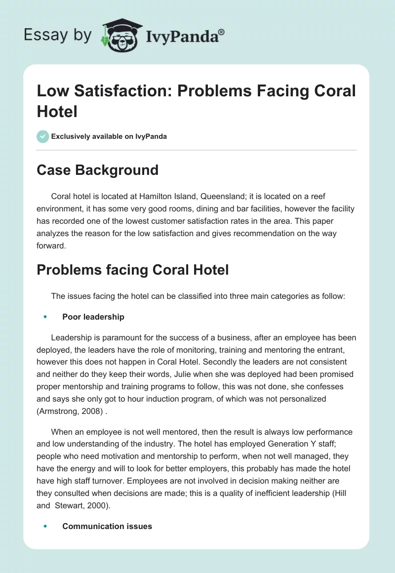 Low Satisfaction: Problems Facing Coral Hotel. Page 1