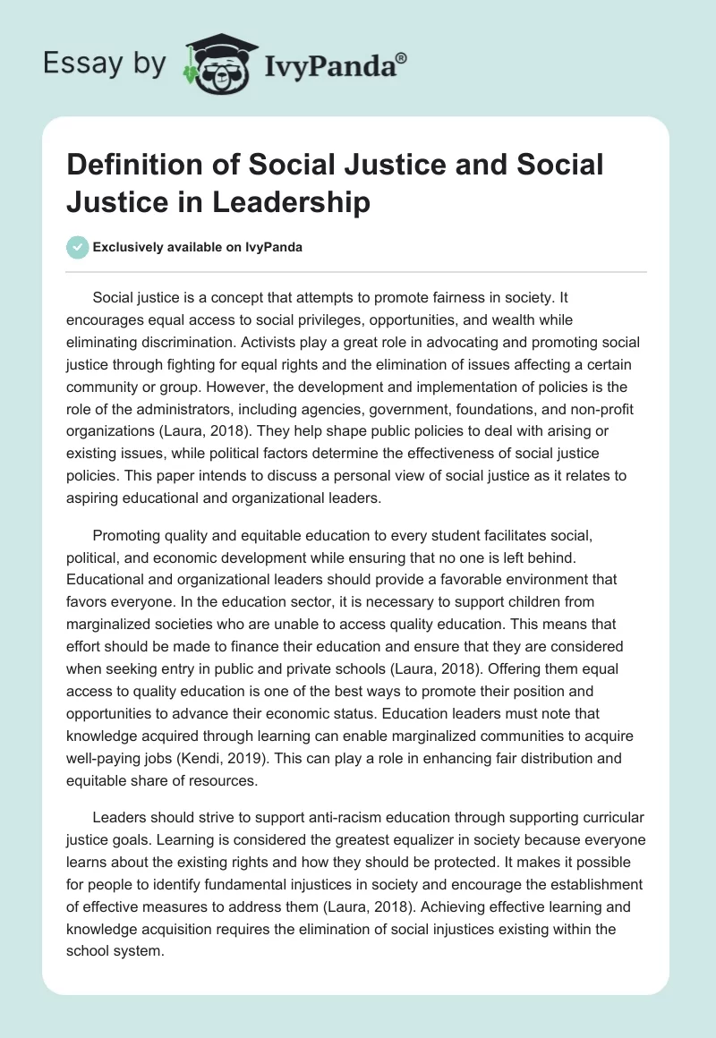 Definition of Social Justice and Social Justice in Leadership. Page 1