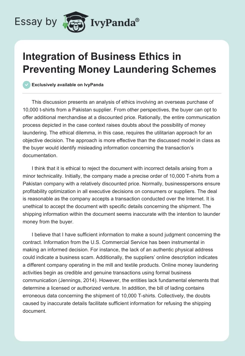 Integration of Business Ethics in Preventing Money Laundering Schemes. Page 1