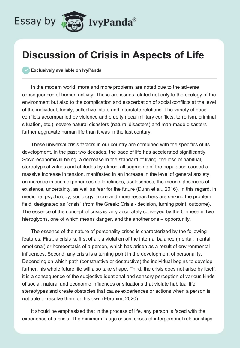 Discussion of Crisis in Aspects of Life. Page 1