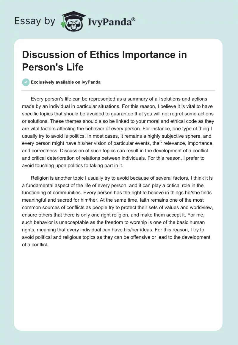 Discussion of Ethics Importance in Person's Life. Page 1