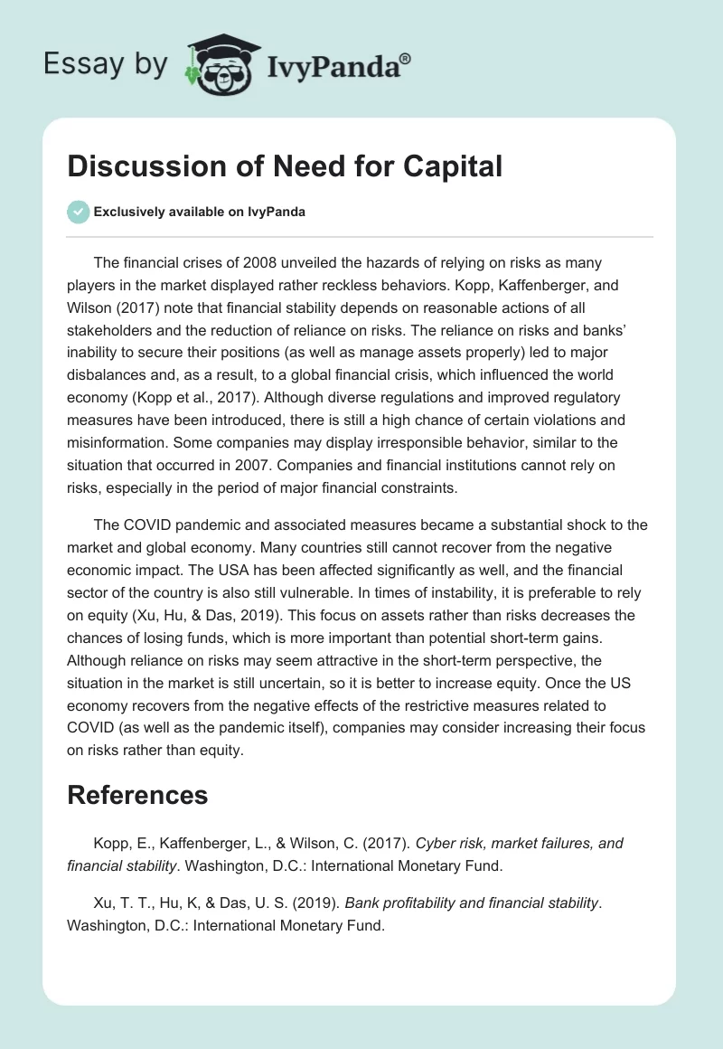 Discussion of Need for Capital. Page 1