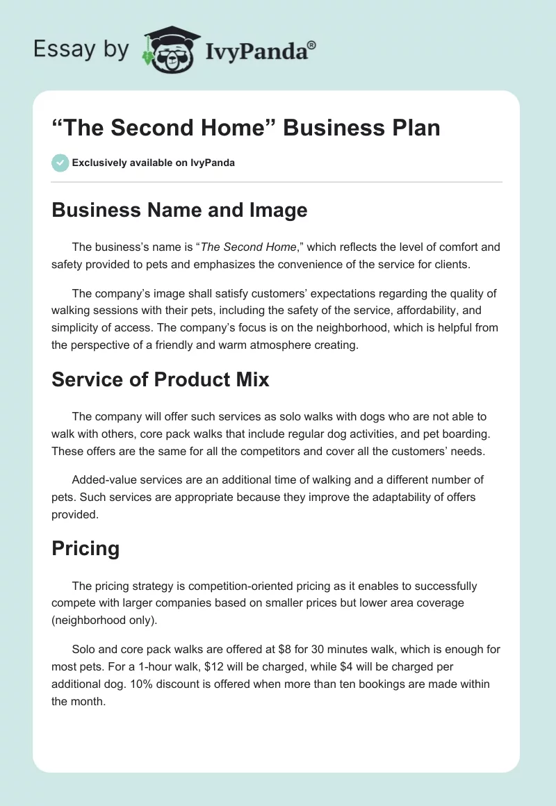 “The Second Home” Business Plan. Page 1