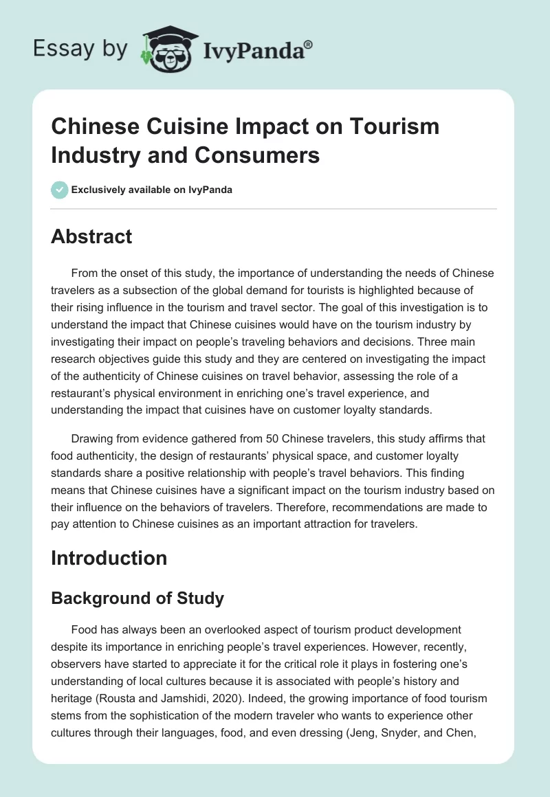 Chinese Cuisine Impact on Tourism Industry and Consumers. Page 1