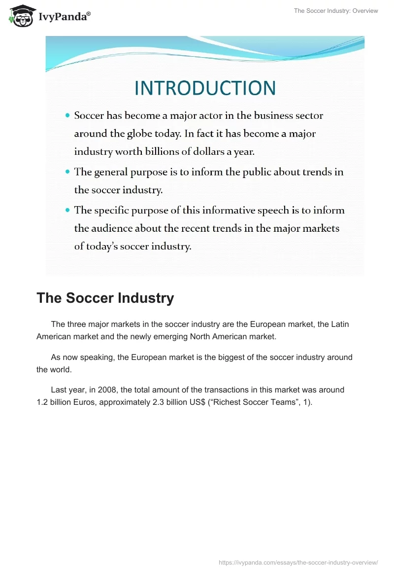 The Soccer Industry: Overview. Page 2