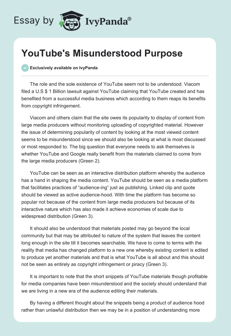 YouTube's Misunderstood Purpose. Page 1