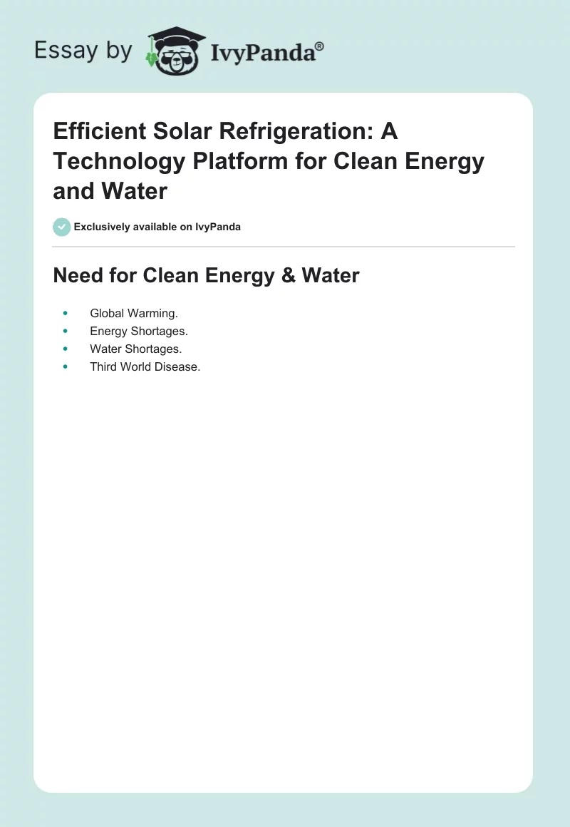 Efficient Solar Refrigeration: A Technology Platform for Clean Energy and Water. Page 1