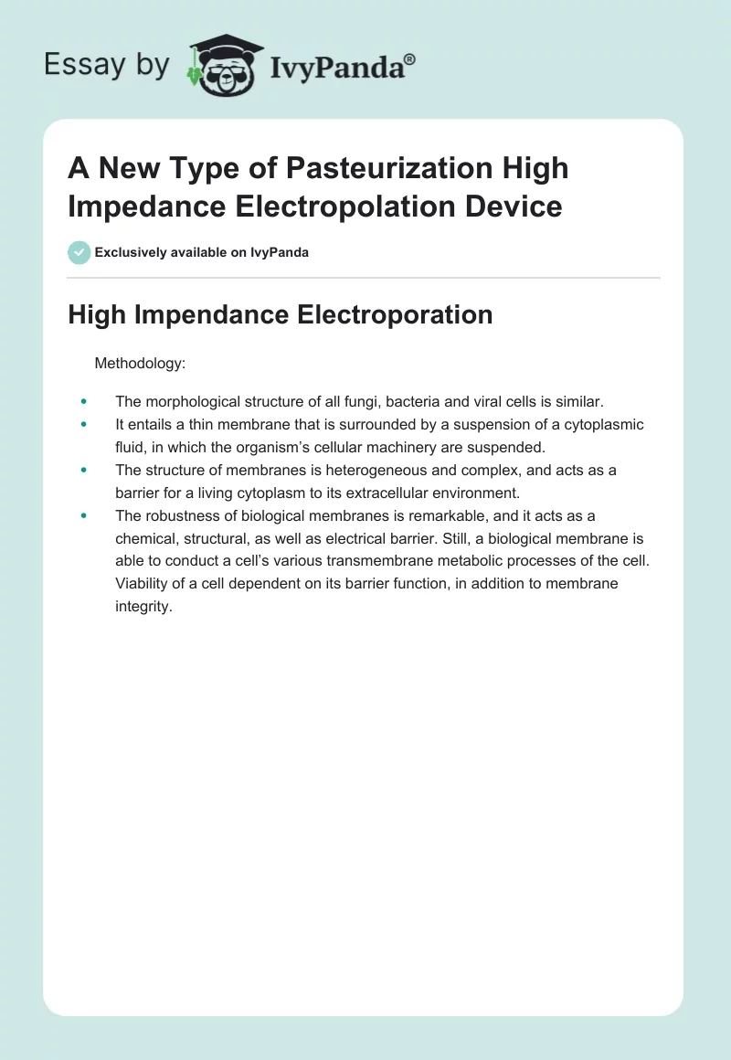 A New Type of Pasteurization High Impedance Electropolation Device. Page 1