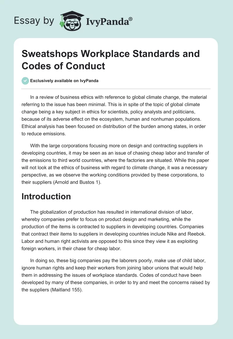 Sweatshops Workplace Standards and Codes of Conduct. Page 1