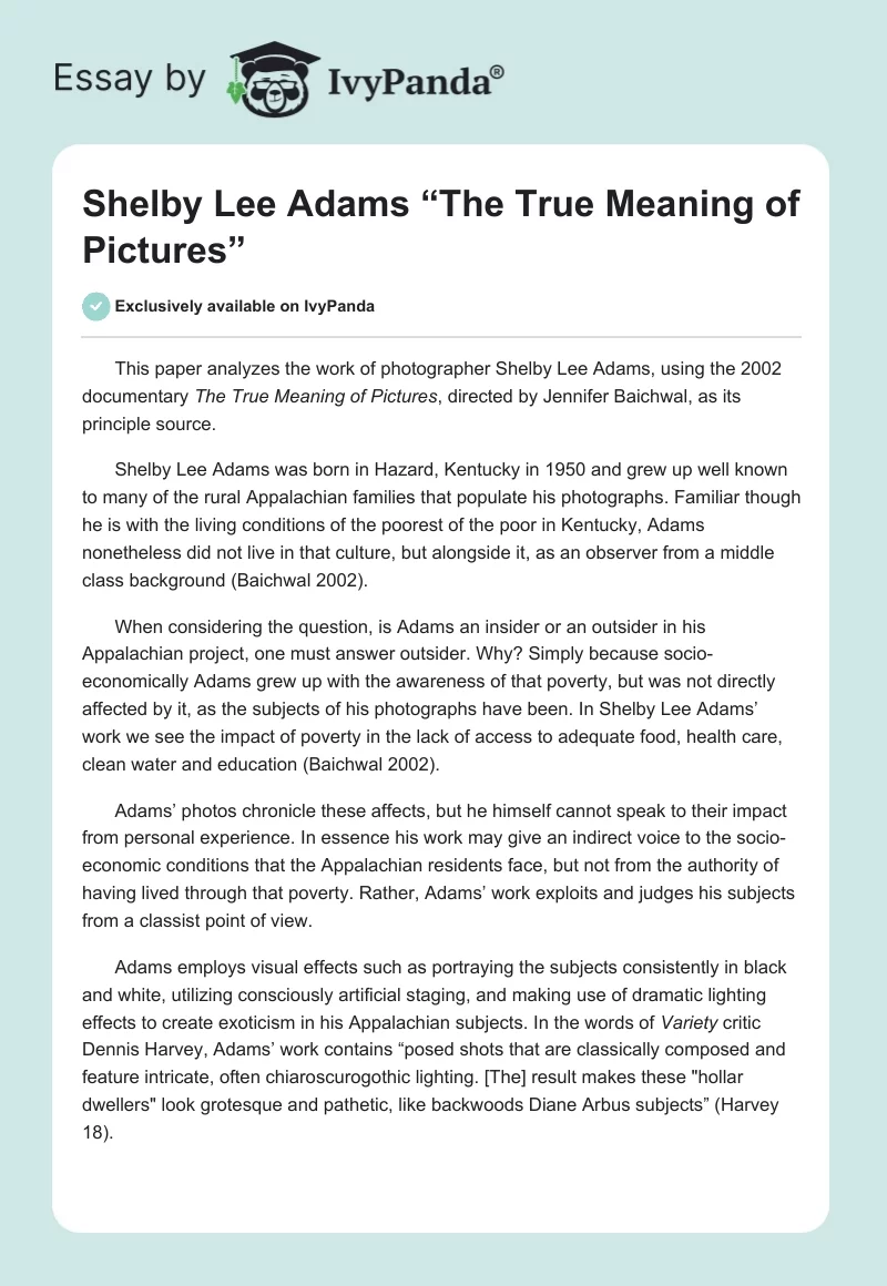 Shelby Lee Adams “The True Meaning of Pictures”. Page 1
