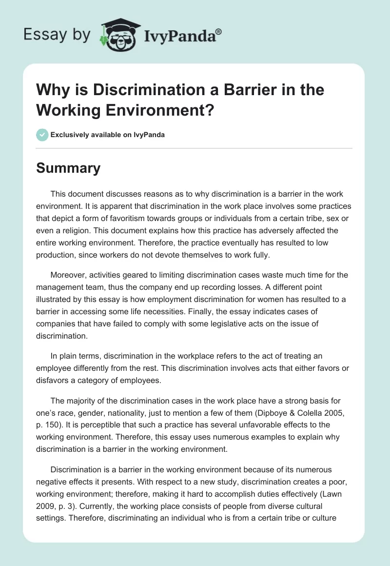 Why Is Discrimination a Barrier in the Working Environment?. Page 1