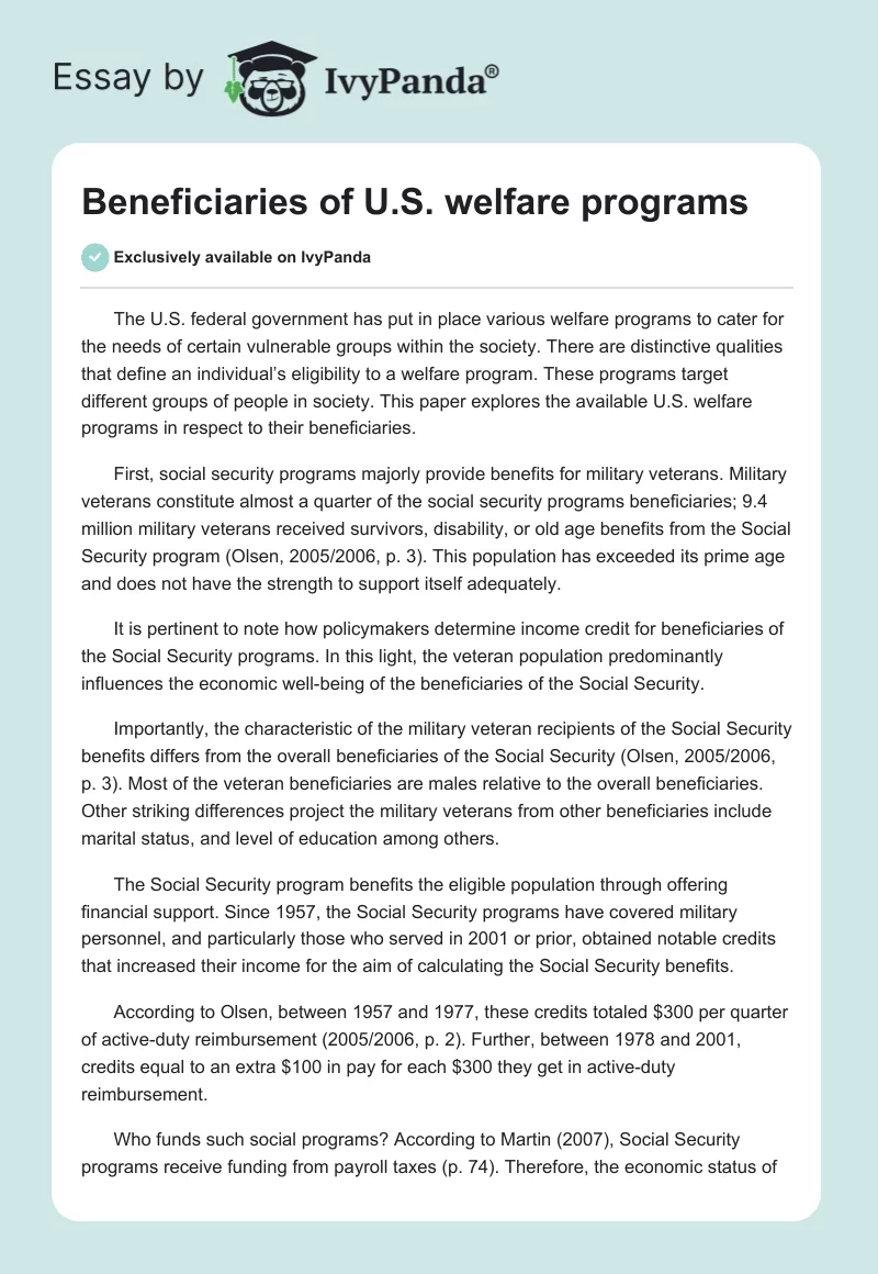 Beneficiaries of U.S. welfare programs. Page 1