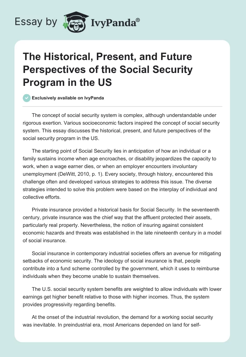 The Historical, Present, and Future Perspectives of the Social Security Program in the US. Page 1