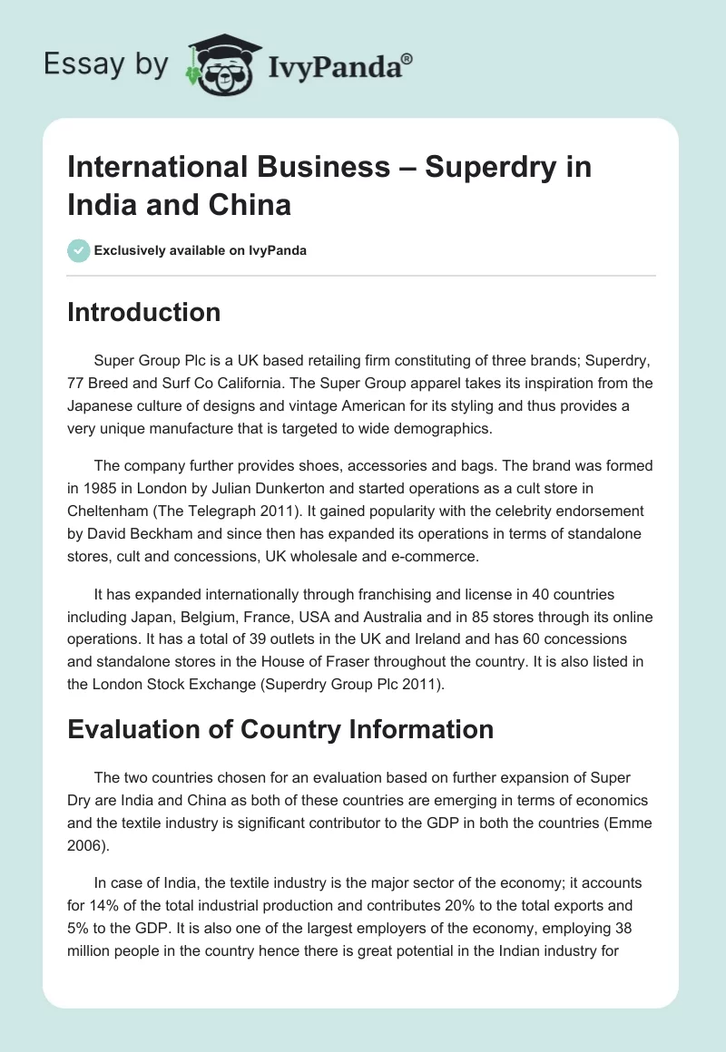 International Business – Superdry in India and China. Page 1