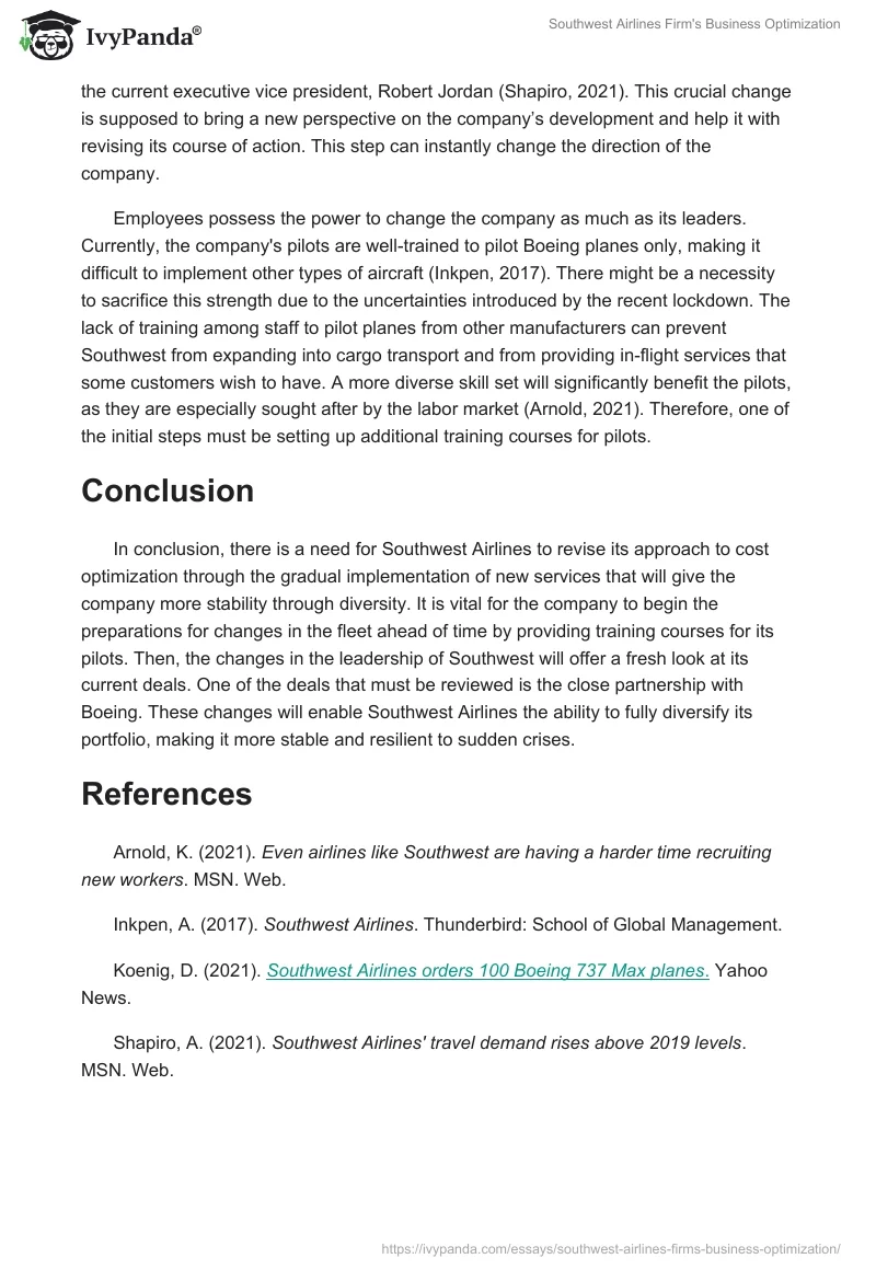 Southwest Airlines Firm's Business Optimization. Page 2