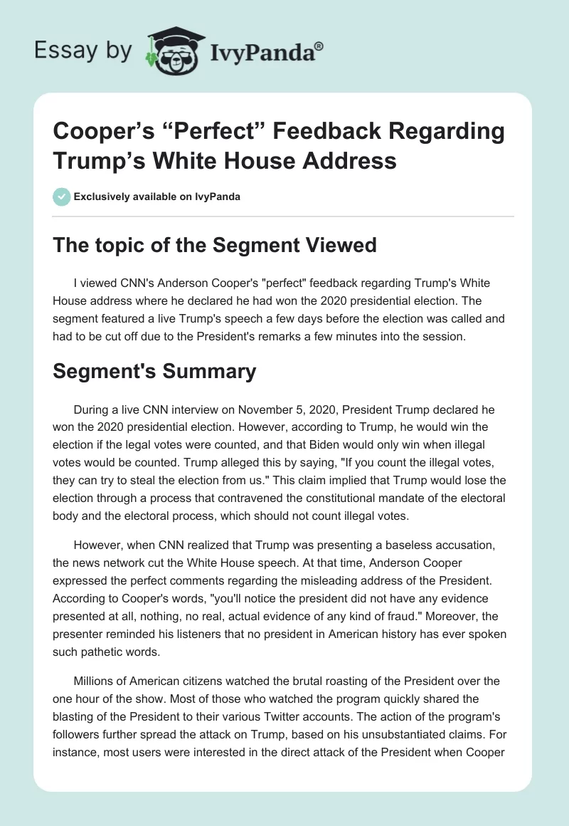 Cooper’s “Perfect” Feedback Regarding Trump’s White House Address. Page 1