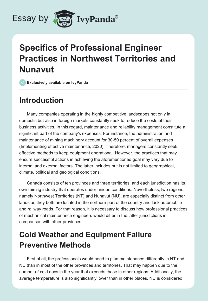 Specifics of Professional Engineer Practices in Northwest Territories and Nunavut. Page 1
