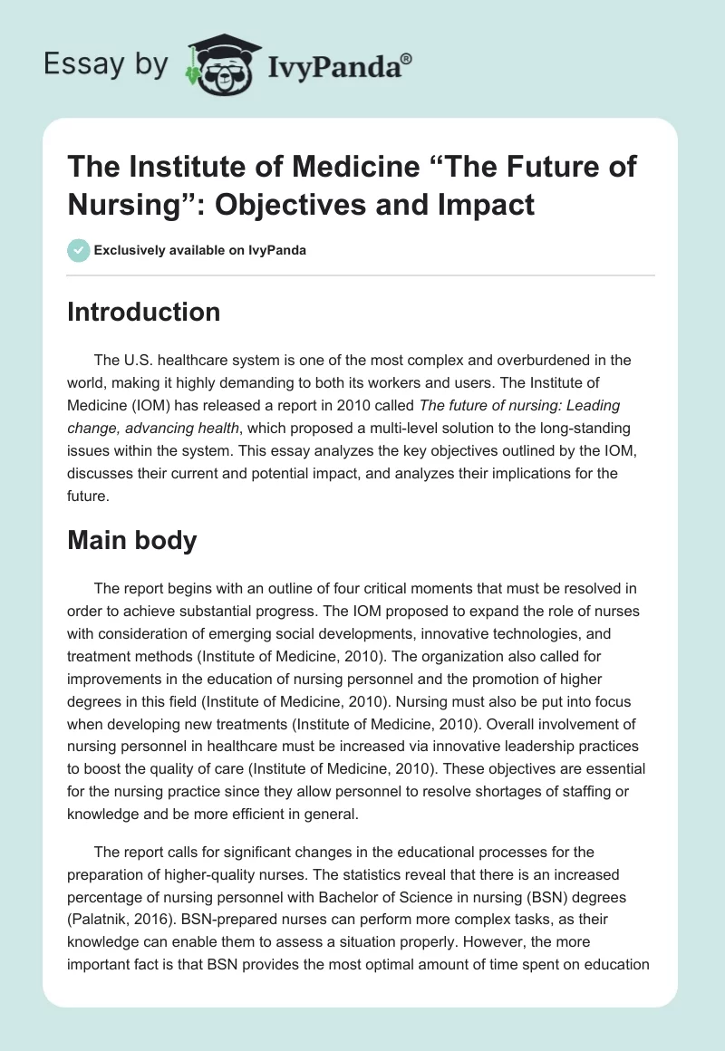 The Institute of Medicine “The Future of Nursing”: Objectives and Impact. Page 1