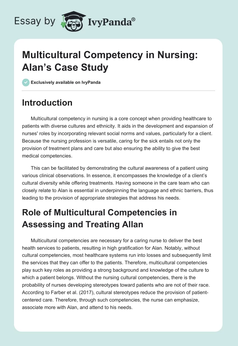 Multicultural Competency in Nursing: Alan’s Case Study. Page 1