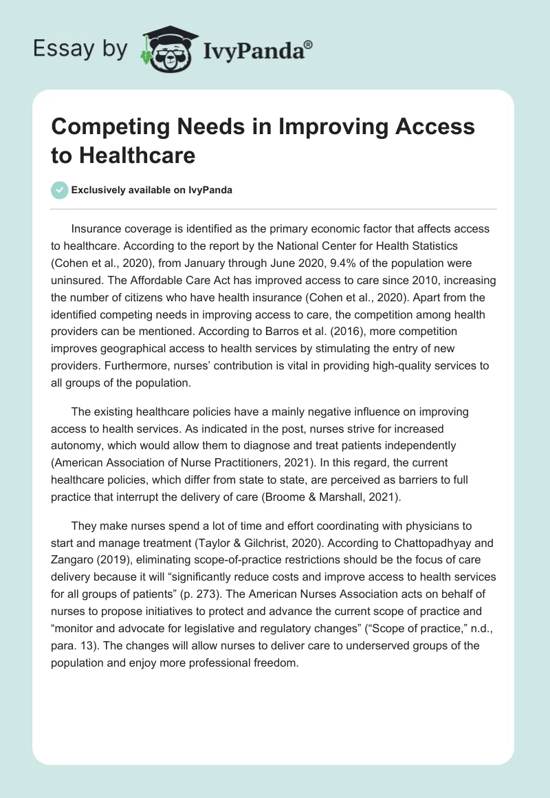 Competing Needs in Improving Access to Healthcare. Page 1