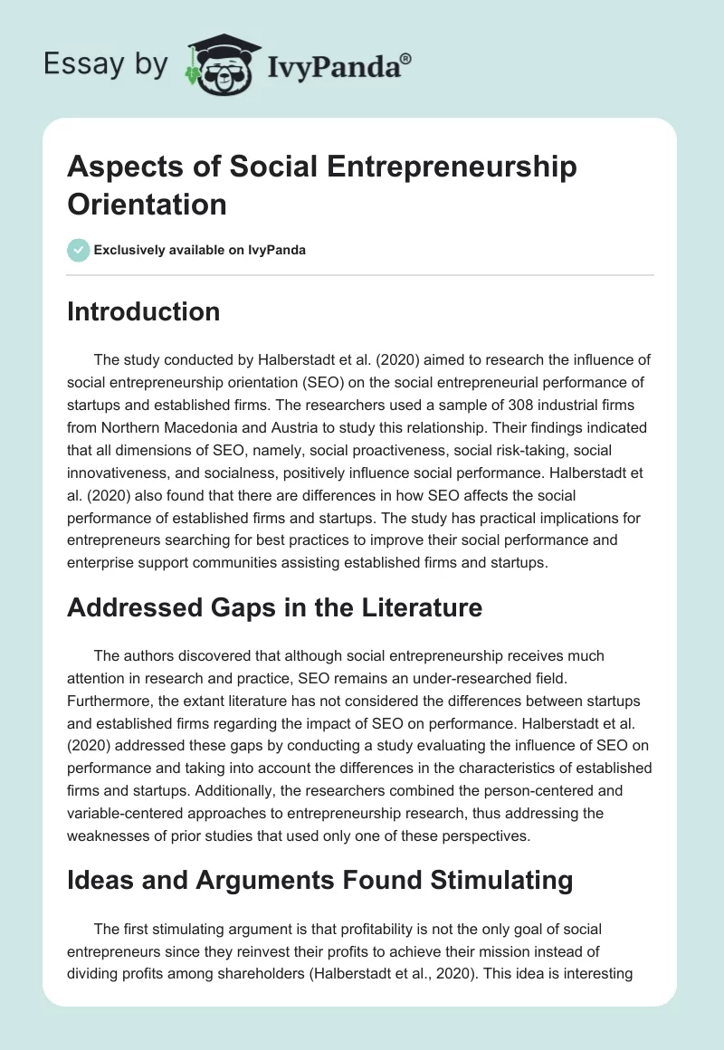 Aspects of Social Entrepreneurship Orientation. Page 1