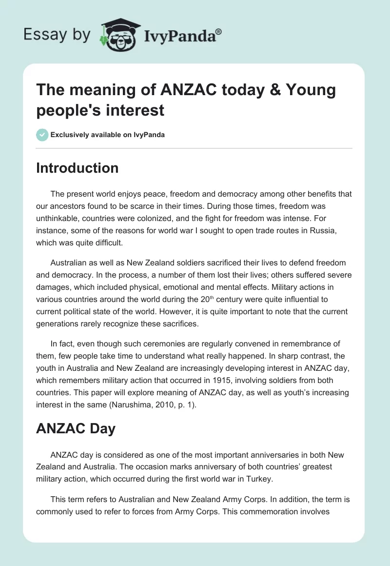 The meaning of ANZAC today & Young people's interest. Page 1