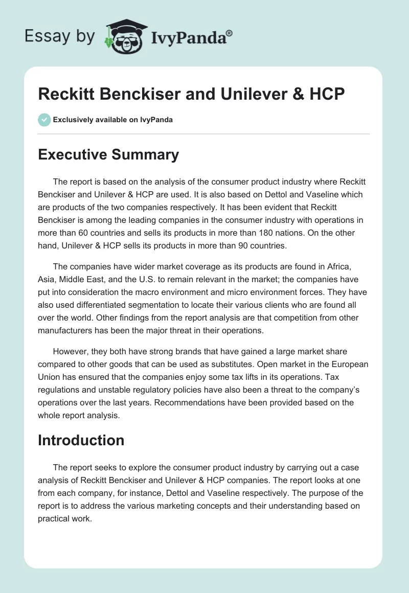Reckitt Benckiser and Unilever & HCP. Page 1