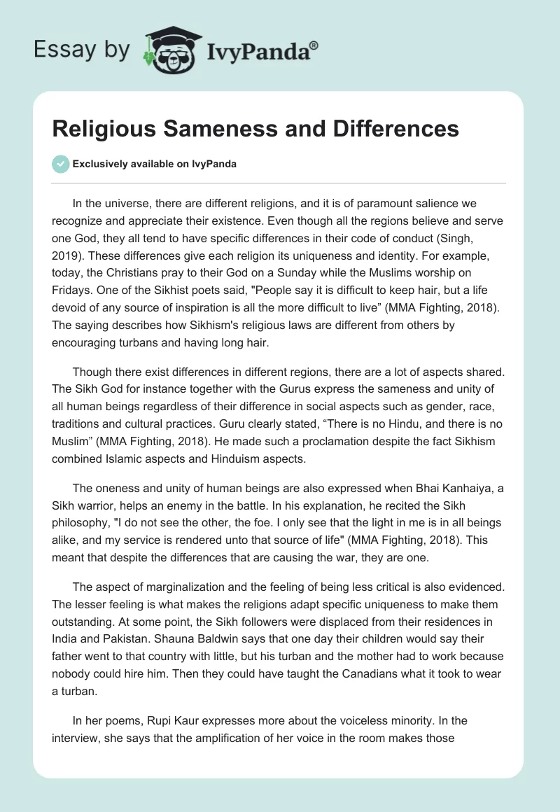 Religious Sameness and Differences. Page 1