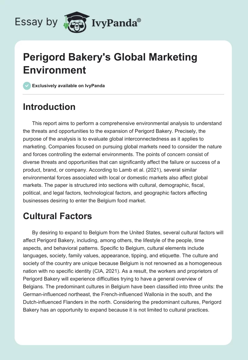 Perigord Bakery's Global Marketing Environment. Page 1