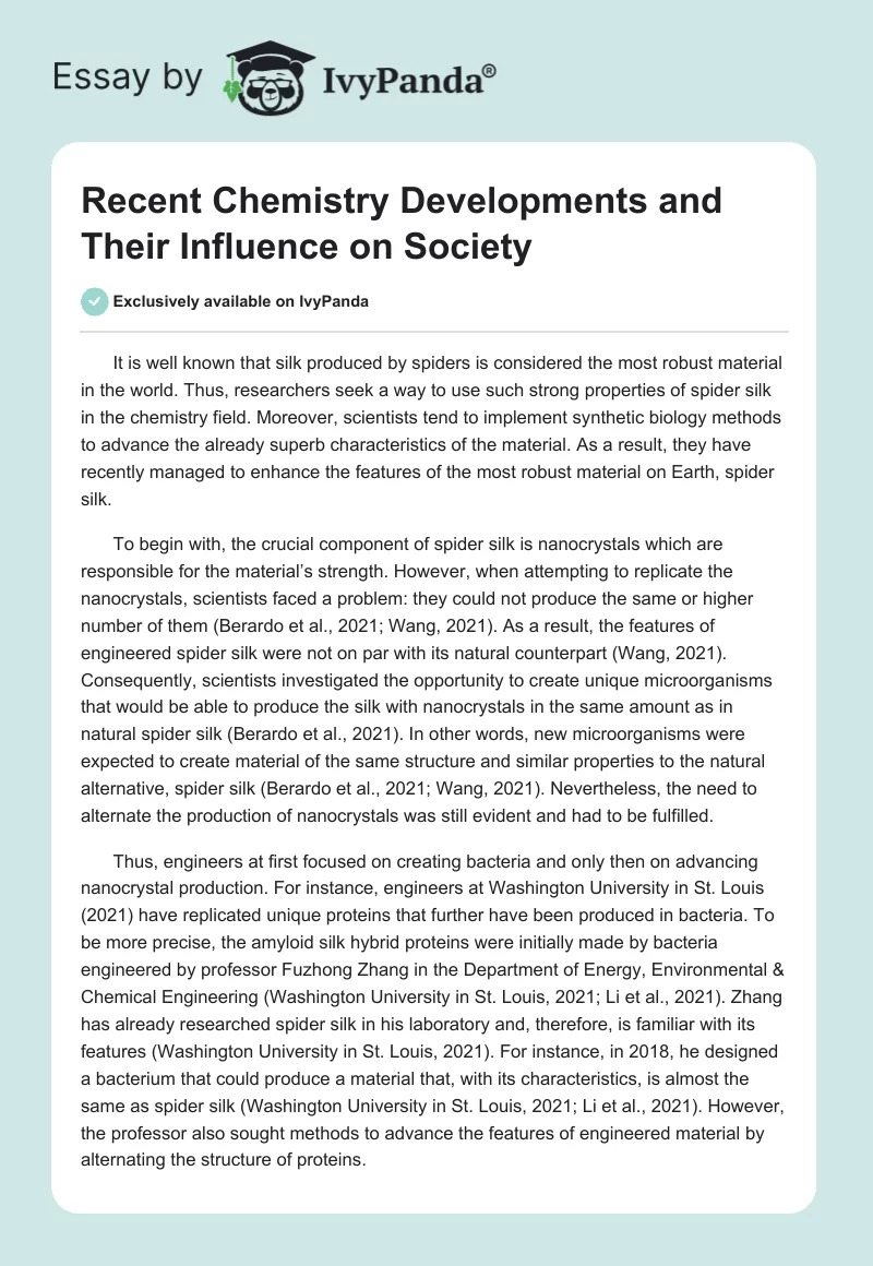 Recent Chemistry Developments and Their Influence on Society. Page 1