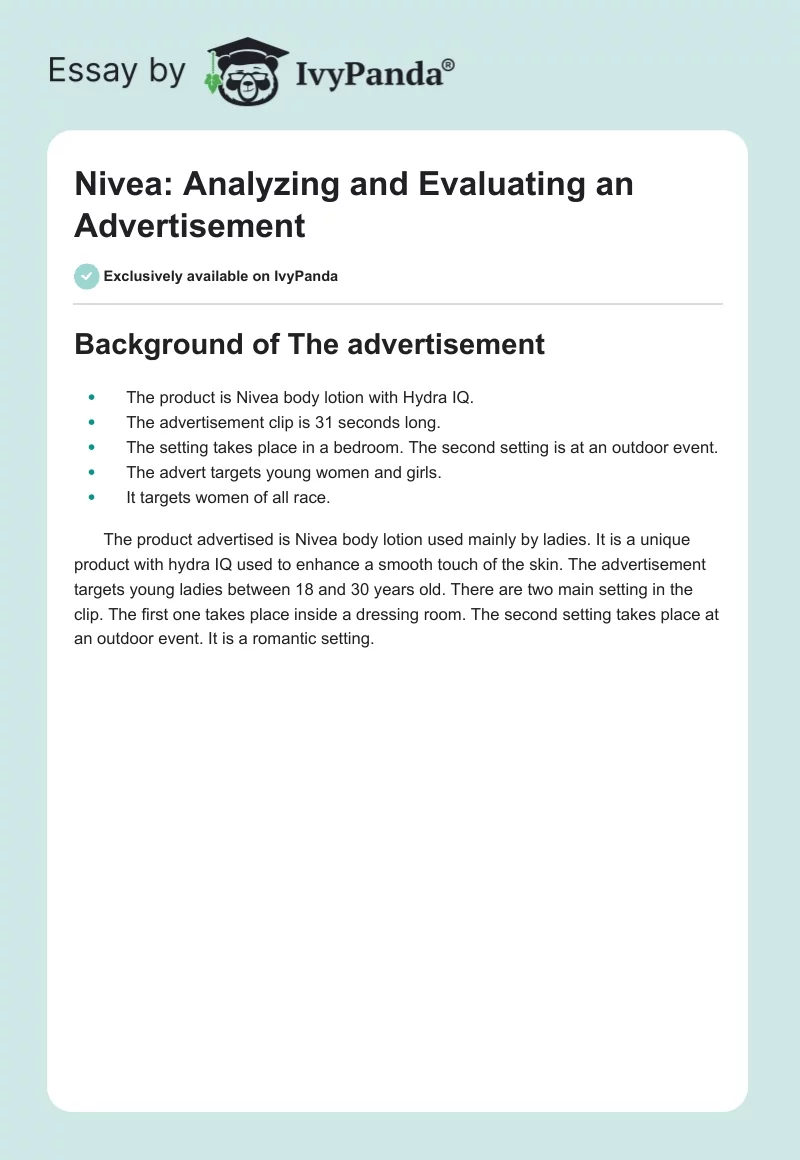 Nivea: Analyzing and Evaluating an Advertisement. Page 1