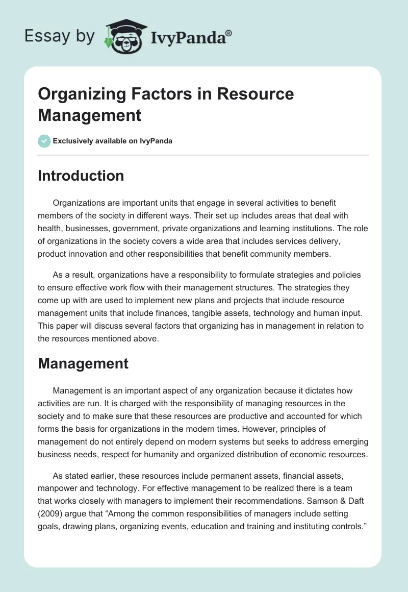 Organizing Factors in Resource Management. Page 1