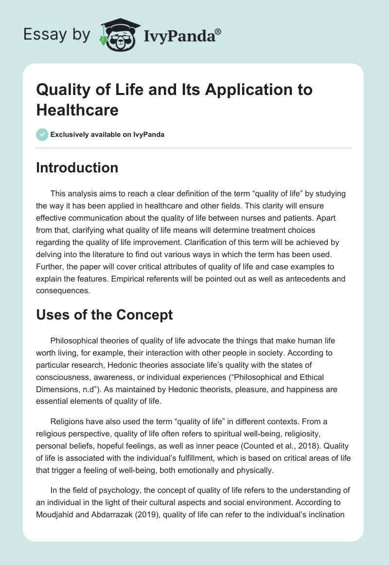 Quality of Life and Its Application to Healthcare. Page 1