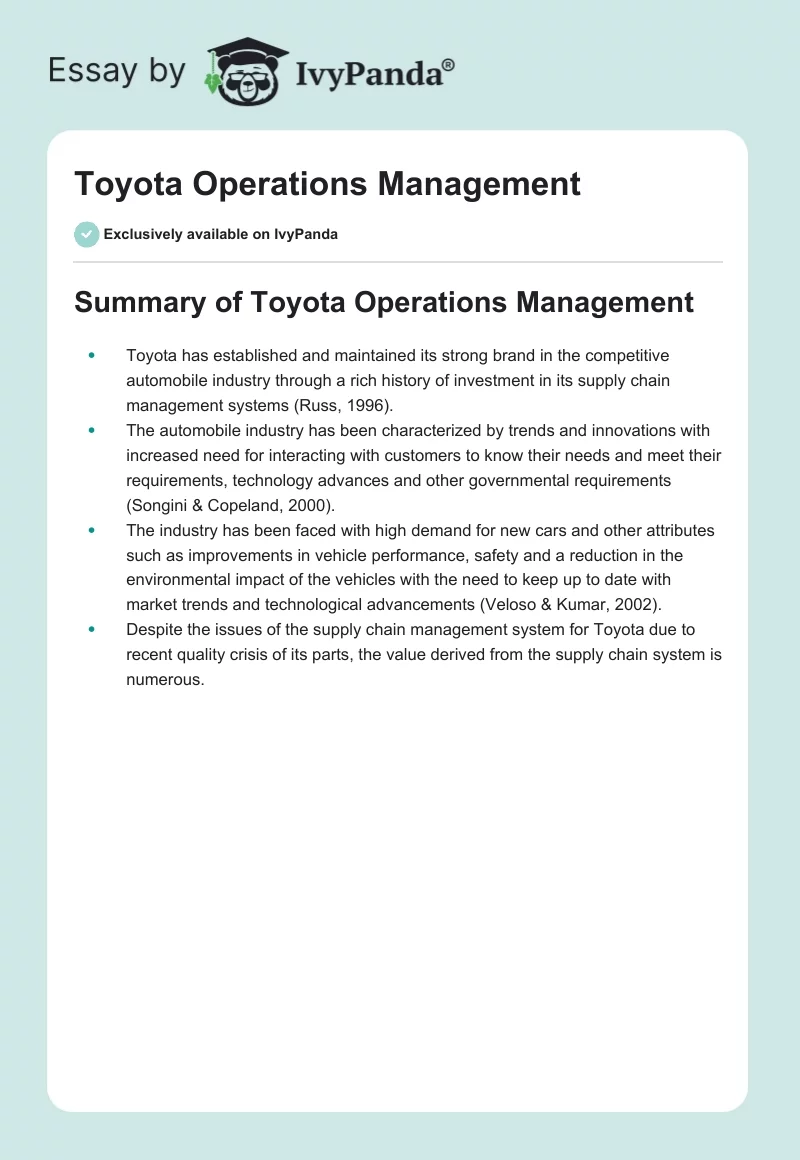 Toyota Operations Management. Page 1