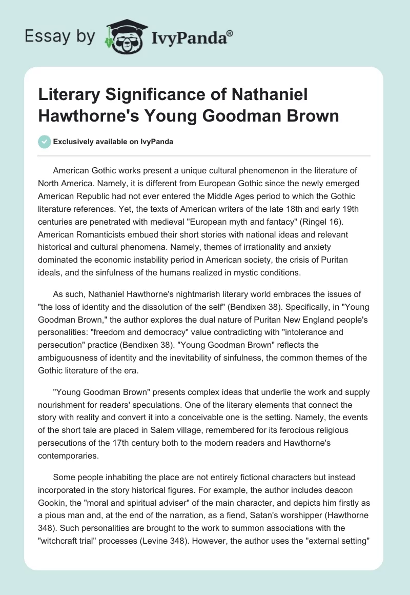 Literary Significance of Nathaniel Hawthorne's "Young Goodman Brown". Page 1